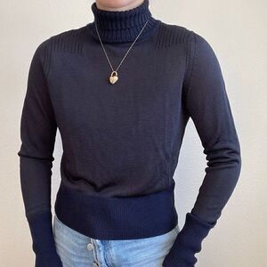 Rag & Bone Womens Navy Blue Sheer Mesh Wool Blend Turtleneck Sweater Sz M